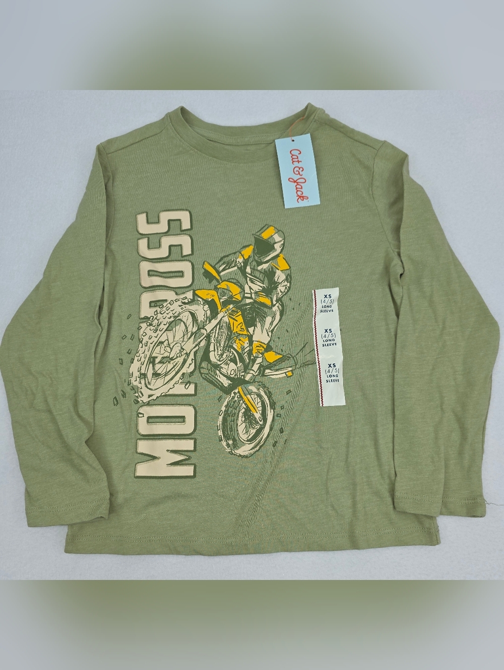Cat & Jack Boy's Olive Motocross Long Sleeve Tee Size XS (4/5) NWT AR-3459